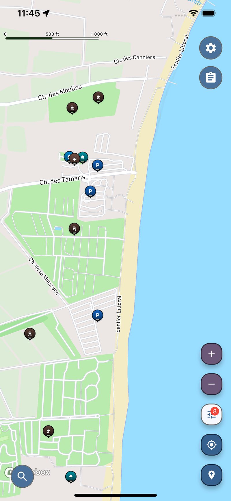 Preview of campsites and service points for campervans